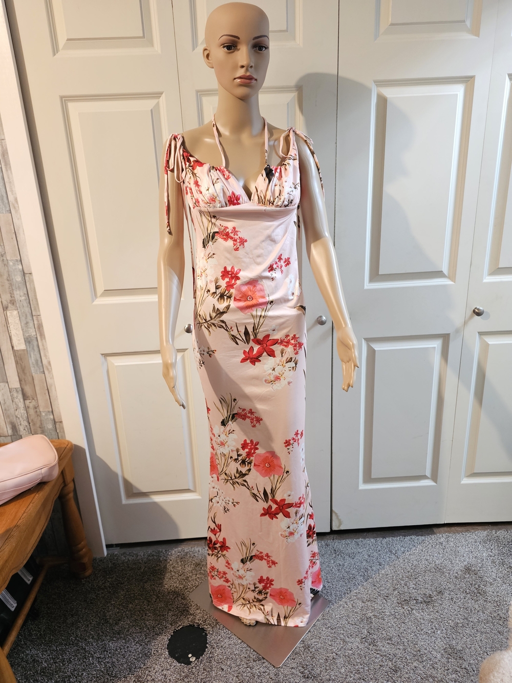 Women's Pink Floral Maxi Dress - Elegant Tie-Shoulder Slip Dress